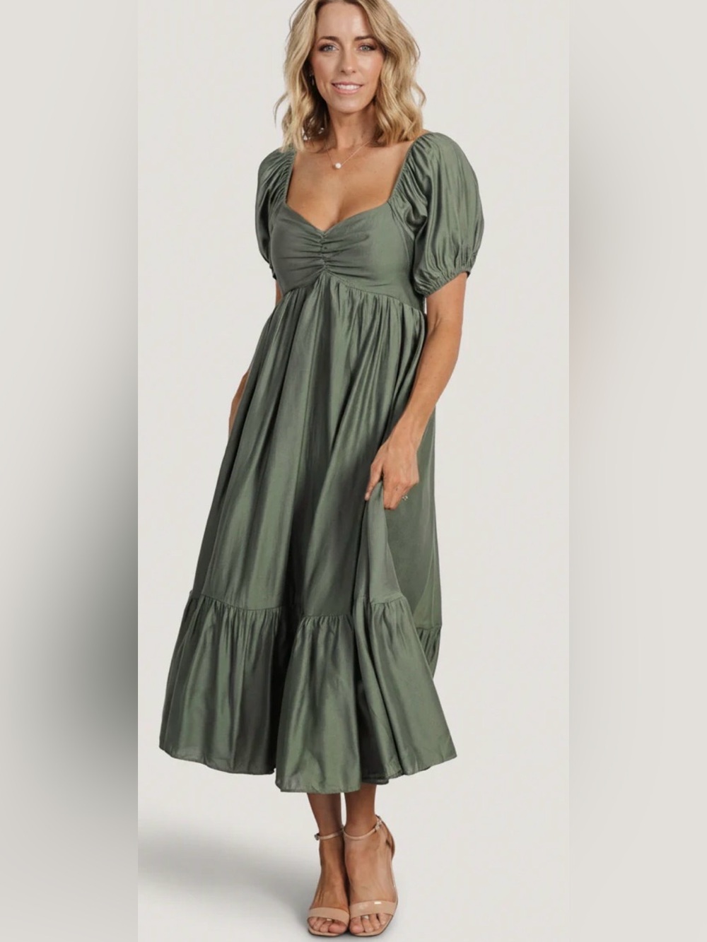 Baltic Born Olive Green Midi Puff Sleeve Dress